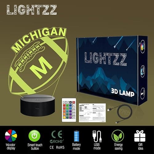 3D Football Michigan Night Light, Football Gifts, 3D Illusion Lamp for Boys Gift 16 Changing Color Remote Control Kids Room Lighting Ball Decor (Michigan Multicoloured) thumbnail 4