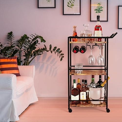 LOTEYIKE 3 Tier Bar Cart, Mini Liquor Utility Cart for Wine Beverage Dinner Party, Rolling Wine Coffee Drink Serving Cart with Lockable Wheels for Home Kitchen Bars (Rustic Brown) thumbnail 2