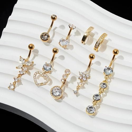 Beautidots 9PCS Belly Button Ring Dangle Stainless Steel Belly Rings 14G 1.6MM Belly Piercing Cute Navel Ring Piercing Jewelry Belly Ring for Women thumbnail 3