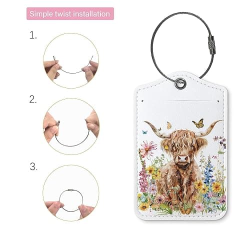 Cute Highland Cow Floral Gifts Luggage Tags for Suitcases,Funny 2 Pack Baggage Tag Label with Steel Loop for Girs Women,Animal Kids Luggage Tag Handbag School Bag Backpack Traveling Accessories thumbnail 3