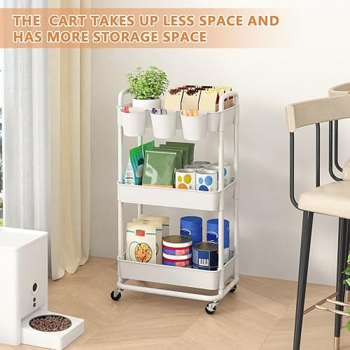 JIUYOTREE 3-Tier Plastic Rolling Storage Cart Utility Cart with Extra Hanging Cups Handles Lockable Wheels for Living Room Bathroom Kitchen Office White thumbnail 4