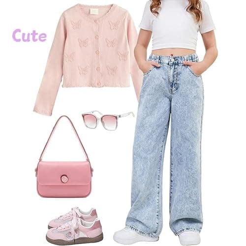 Godalithic Baggy Jeans for Girls Cute Kids Bow Embroidery Wide Leg Denim Pants High Waist Trousers Y2k Tween Clothes 7-13Y thumbnail 4