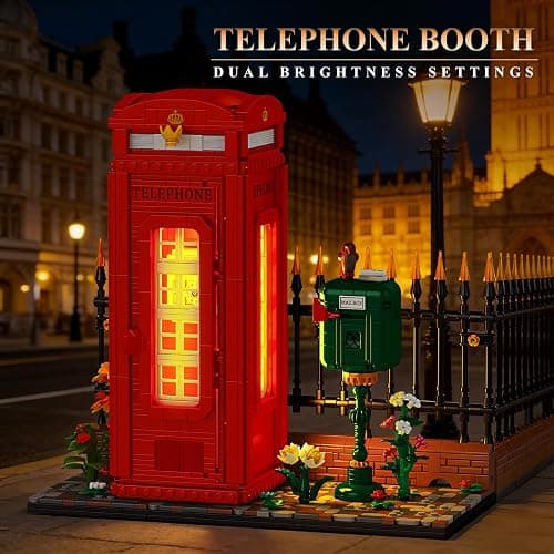 Reobrix Telephone Booth Building Block Sets for Adults with LED Lights 66609, London Landmark Red Telephone Box Vintage Phone Booth Model, Retro Building Toy for Adult Kids Home Office Decor(1707PCS) thumbnail 4
