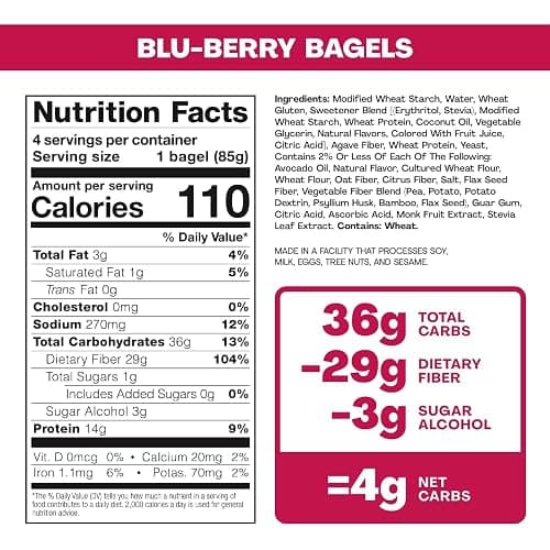 SOLA Low Carb & Keto Friendly Bagels, Blu-berry - 5g Net Carbs & 15g of Protein, No Added Sugar, Plant based, Low Calorie Bagels - 12 oz (4 Bagels/Pack) (Pack of 3) thumbnail 2