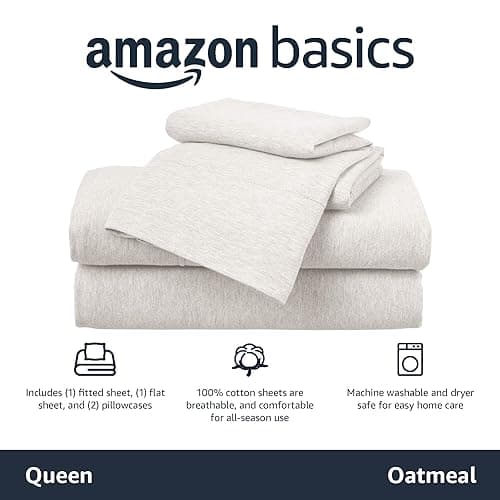 Amazon Basics Cotton Jersey 4-Piece Soft, Breathable, Wrinkle-Free Bed Sheet Set, Queen, Oatmeal, Solid - Queen - Oatmeal thumbnail 2