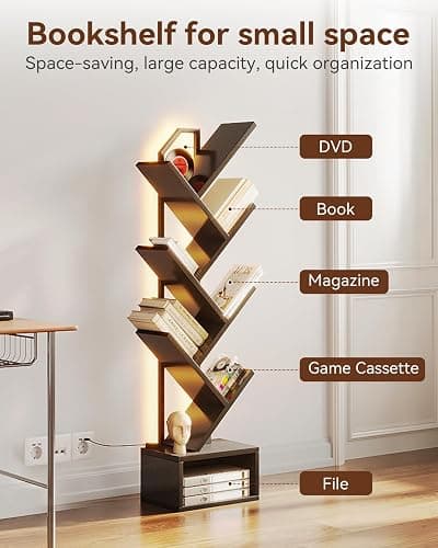 Coleshome Tree Bookshelf, 6-Tier Floor Standing Bookcase, Bookcases suitable for bedrooms and living rooms, Wooden bookshelves suitable for bedrooms and living rooms, Black thumbnail 4