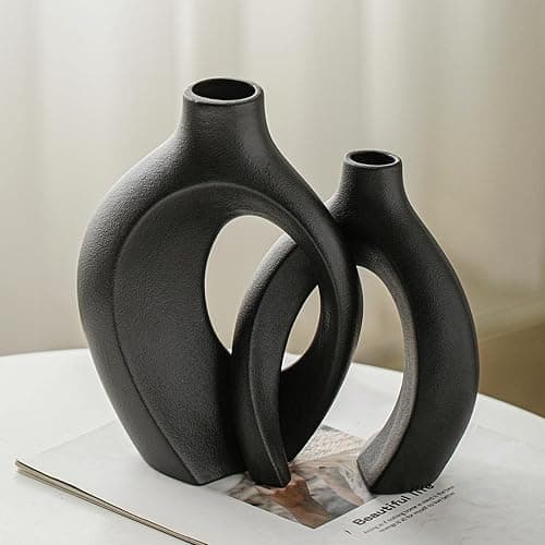 Lvases Snuggle Hollow Modern Ceramic Vase Set of 2, Mid Century Nordic Aesthetic Decorative Vase Decorative Vases for Home Table Decor (Matte Black W 6.3" X H 8.4") - Large Matte Black thumbnail 6