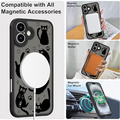 Heaofei Cute Magnetic Case for iPhone 16 Case [ Compatible with MagSafe ] with Black Cat Cats Pattern Design for Women Girls Boys, Soft Bumper Hard Back Kawaii Animal Protective Phone Cover thumbnail 3