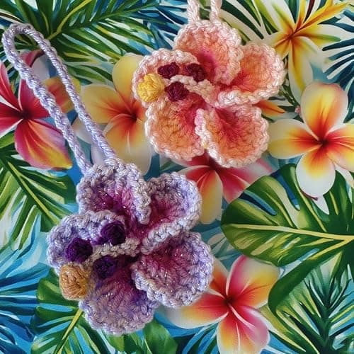 Hibiscus Flower Car Hanging Ornament,Crochet Hawaiian Tropical Flowers Bag Charms Decor Car Rear View Mirror Beach Accessories (Pink) thumbnail 2