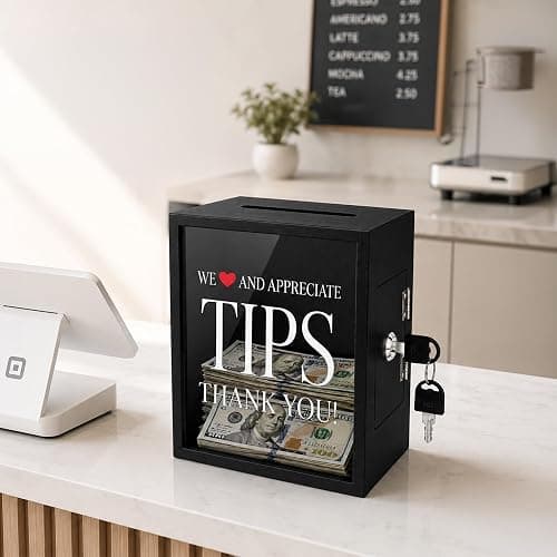 Tips Jar with Lock and Key for Restaurants Bartender Musicians — Wooden Tip Box 6x4¾x7¾ Inch, Money Coin Cash Collection Container for Bars Drivers Donation Raffle thumbnail 2