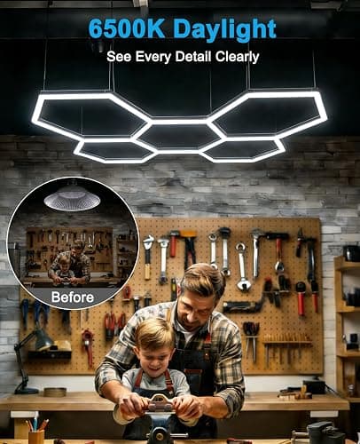Garage Lights Hexagon led Lights DIY Ceiling LED Shop Light 91630LM for Basement Warehouse Workshop Barbershop Car Care Wash Room Auto Beauty Gym Exhibition Hall 14 Grids with Rectangle Frame 6500K thumbnail 3