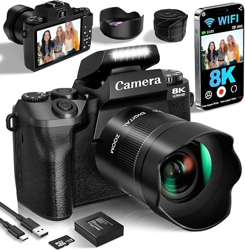 Cameras for Photography, 64MP Dual Lens Vlogging Camera & 32GB Card (Black) | 8K Digital Camera with 4" Touch Screen, LED Fill Light, 3000MAh Battery, Lens Hood, Hot Shoe & 32GB TF Card - Image 1