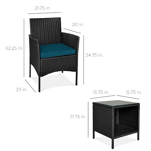 Best Choice Products 3-Piece Outdoor Wicker Conversation Bistro Set, Space Saving Patio Furniture for Garden w/Side Table - Black/Peacock thumbnail 2