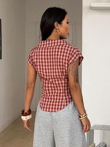 SweatyRocks Women's Sexy Deep V Neck Plaid Preppy Shirt Tops Cap Sleeve Asymmetrical Y2k Going Out Blouse thumbnail 6
