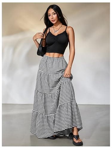 MakeMeChic Women's Plaid Maxi Skirts A Line Ruffle Tiered Layer Y2K Flowy Casual Long Skirts thumbnail 5