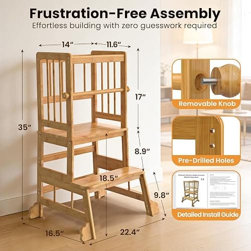 HBTower Toddler Standing Tower, Kids Kitchen Step Stool with Safety Rails | Stable Toddler Learning Tower for Kitchen Counter with Anti-Slip Feet, Hold Up to 450 LBS, Natural Bamboo & Easy to Clean thumbnail 2