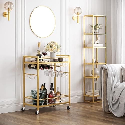 TUTOTAK Bar Cart, Serving Cart for Home, Drink Cart, Mobile Kitchen Shelf with Wine Rack and Glass Holder, Rolling Beverage Cart, Gold BC01BB031 thumbnail 10