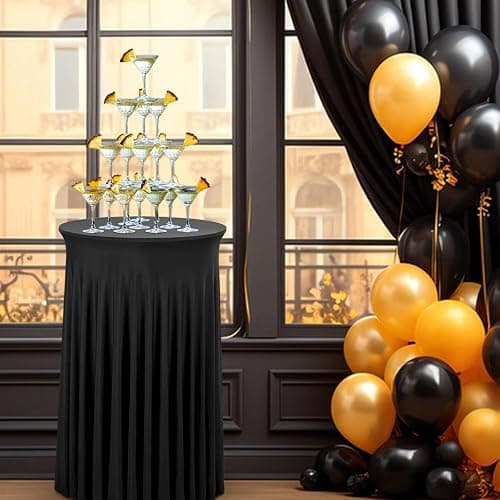 Babenest 24"x 43" Round Cocktail Table Skirt, 6 Pack Spandex Stretch Round Tablecloths with Natural Wavy Drapes, Fitted High Top Bar Cocktail Table Covers for Wedding Party Birthday Banquet (Black) - Black - 6 thumbnail 2