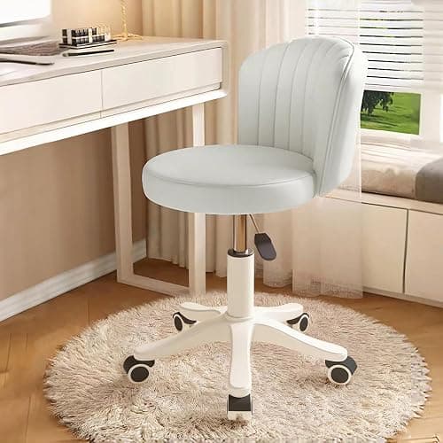 WXJHL Small Round Rolling Desk Chair Armless Comfy Vanity Computer Chair with Low Backrest PU Leather Height Adjustable Swivel Work Spa Chair thumbnail 6