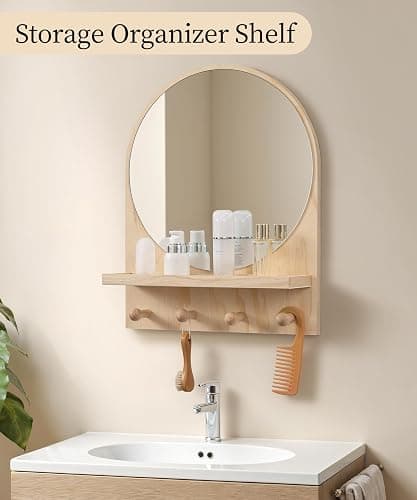 Maxpeuvon Nursery Wall Shelf with Mirror, Natural Wood Boho Arch Design | 14 x 18 Inch Wall Mounted Organizer and Decor for Nursery, Kids Room, Living Room, Entryway and Bathroom thumbnail 5