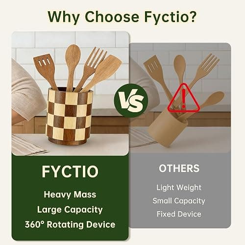 Fyctio Wooden Utensil Holder, 360° Rotating Acacia Wood Kitchen Utensil Holder for Countertop, 7.2" Non-Slip Large Utensil Holder for Kitchen, Farmhouse Countertop Decor, Spatula Holders, Checkered thumbnail 6