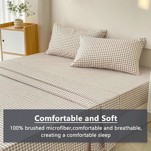 NSNLGSGC Tan Gingham King Sheet Set, Soft Brushed Microfiber Taupe Plaid King Bed Sheets, 4-Pieces Brown Grid Sheet Set with Deep Pocket thumbnail 4