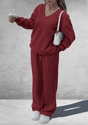 PRETTYGARDEN Casual Winter Two Piece Sets for Women 2025 V Neck Sweatshirt Loose Wide Leg Pants Tracksuit Knit Fall Outfits thumbnail 3