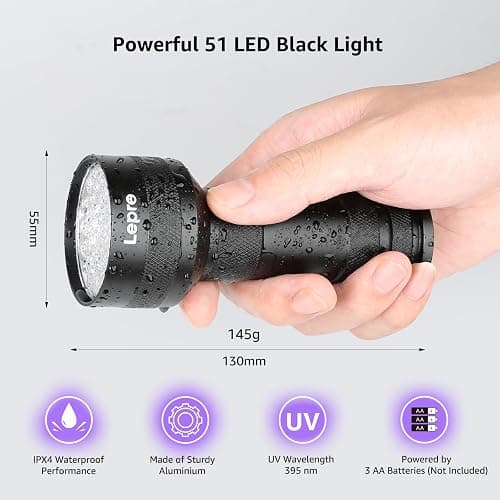 Lepro 51 LEDs UV Light Handheld Blacklight, UV Flashlight Black Light, 395nm Detector for Pet Urine, Stains, Bed Bug and Scorpions, Battery Not Included thumbnail 2