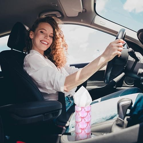 Yoande 4 Pack Car Tissue Holder with Facial Tissues Travel Tissue Tubes Box Round Cylinder Container for Car Cup Holder Home Bathroom Office Wedding Gifts Decor(Pink Bow) thumbnail 4