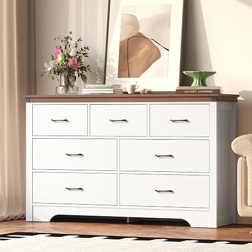 Airynee Farmhouse 7 Drawer Dresser for Bedroom, 51" Wide Chest of Drawers, Wooden Dresser TV Stand, Storage Dressers Organizer for Bedroom, Living Room, Hallway - Image 1