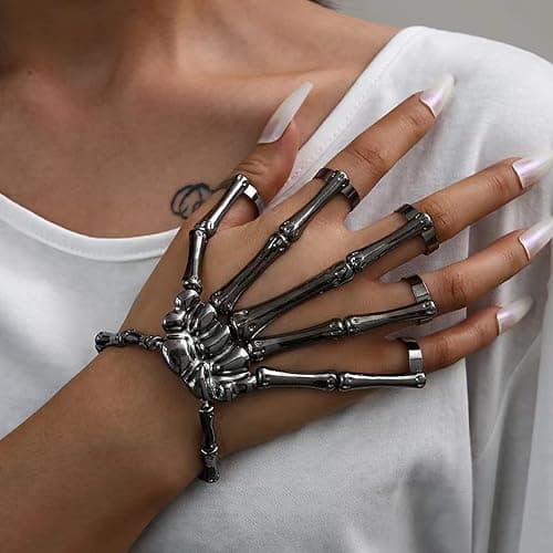 Taichell Skeleton Hand Bracelet Halloween Jewelry Decoration Skull Skeleton Hands with Snake Full Finger Rings for Women Men Punk Goth Bracelets Rings Jewelry Halloween Cosplay thumbnail 5