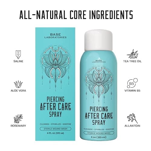 BASE LABORATORIES Piercing Aftercare Spray 4 oz, Saline Spray for Piercings | Ear Piercing Cleaner, Nose Piercing Spray, Saline Solution, Keloid Bump, Navel Care, Wound Wash, Belly Button Soak thumbnail 2