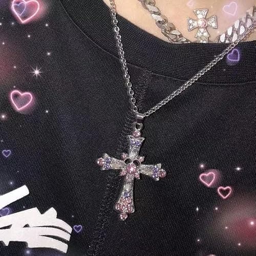 GSTARL Pink Crystal Cross Pendant Necklace Gothic Punk Indie Cros Zircon Choker for Egirl Eboy Woman silver thumbnail 5