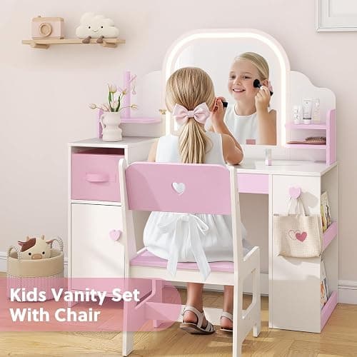 Frogprin Kids Vanity with Lights and Chair, Princess Makeup Vanity Desk with Mirror Bookshelf Storage Cabinet,3 in 1 Toddler Vanity Table Makeup Dressing Table, Pretend Play Vanity Set for Little Girl thumbnail 3