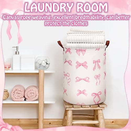 CroBlissful 2 Pcs Coquette Pink Bow Laundry Basket Coquette Storage Basket for Girls Nursery Hamper with Handles Foldable Waterproof Collapsible Storage Bin Organizer for College Dorms Bathroom (Bows) thumbnail 4