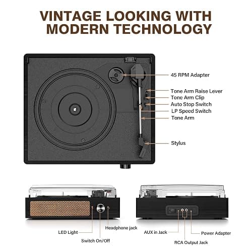 Record Player for Vinyl with 2 Build-in Speakers LP Vinyl Players Belt-Driven Vintage Turntables 3 Speed 3 Size, Wireless Bluetooth Playback, AUX-in, RCA Out, Headphone, Auto Stop thumbnail 2