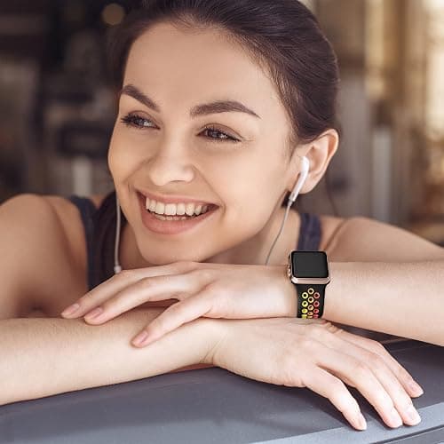 Lerobo Compatible for Apple Watch Band 45mm 44mm 11 10 46mm 42mm 49mm Ultra 3 2,Soft Silicone Sport Bands Wristband Replacement Strap for iWatch SE Series 9 8 7 6 5 4 3 2 1 Women Men,Black/Rainbow,M/L thumbnail 3