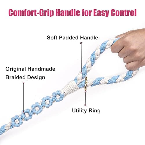 Handmade 5ft Braided Cotton Dog Leash with Unique Floral Handle, Durable and Stylish, Ideal for Small to Large Dogs,Blue & White Color thumbnail 3