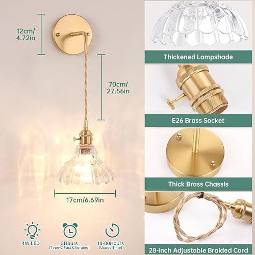 Shenmoyl Vintage Battery Operated wall sconces Set of 2, Wall Lamps with Clear Lily of the Shade Pattern Glass, Adjustable Chain Gold Wall Lights, sconces wall Decor for Stairway Living Room Doorway thumbnail 8