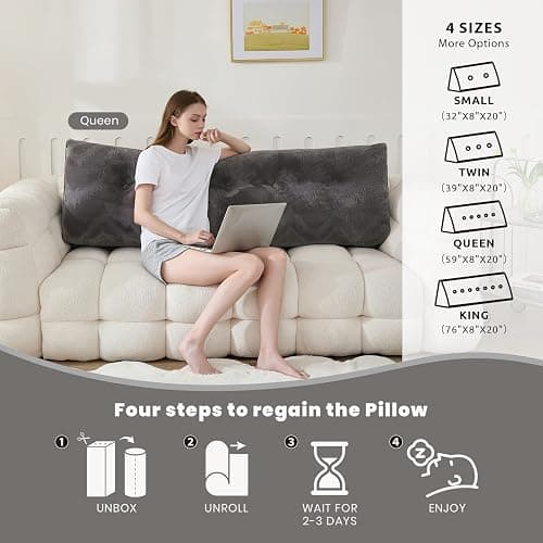 Zelladorra Headboard Pillow for Bed,Triangular Wedge Pillow Headboard Soft Support While Reading and Resting,Bed Bolster Cushion Headboard with Removable Cover,Dark Grey, Queen (59"x8"x20") thumbnail 3