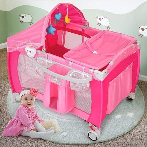 Costzon 4 in 1 Pink Pack and Play with Bassinet, Portable Baby Playard with Adjustable Canopy, Side Zipper Entrance, Music Box, Wheels/Brake, Foldable Infant Pink Bassinet for Baby Girl Toddlers thumbnail 9