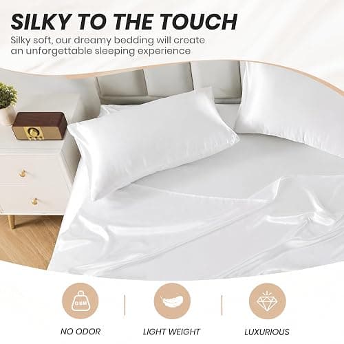 Silk Satin Sheets Queen, Silky Fitted Bed Sheets with 10" Deep Pocket Summer Cooling Sheets Luxury Hotel Satin Pink Fitted Sheets + Flat Sheet + Pillowcases thumbnail 4