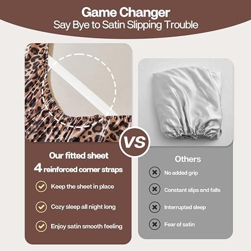 MR&HM Satin Fitted Sheet Twin Size, Elastic Corner Straps, Brown Leopard | 15" Deep Pocket, Secure Fit, No Slipping or Bunching, Silk-Like Feel, Cooling & Breathable, Gentle on Hair & Skin, 1 Pc thumbnail 3