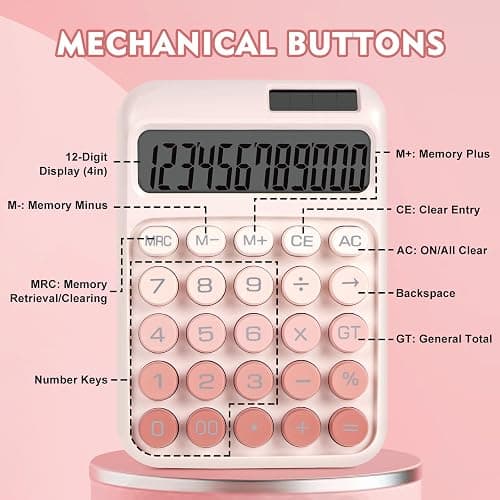 DANRONG Mechanical Switch Calculator with Big Buttons, Calculators Desktop, 12 Digits, Solar Battery Power, Desk Calculator, Large LCD Display, Cute Pink Calculator for Teachers Students Basic Office thumbnail 5