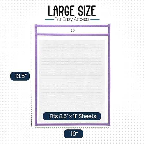 Essex Wares - 6 Pack, Light Purple, Water-Resistant Dry Erase Pocket Document Protectors, 10" Wide x 13.5" Tall - Dry Erase Clear Plastic Sleeves - Reusable & Easy Erase Plastic Invoice Holders thumbnail 2