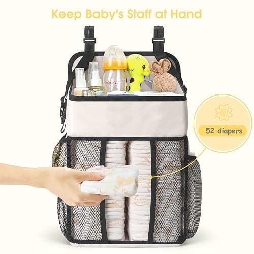 Maliton Hanging Diaper Organizer - Caddy for Changing Table, Crib, Pack n' Play - Stacker Holds 52+ Diapers - Nursery Organizer & Baby Shower Gifts - Beige thumbnail 8