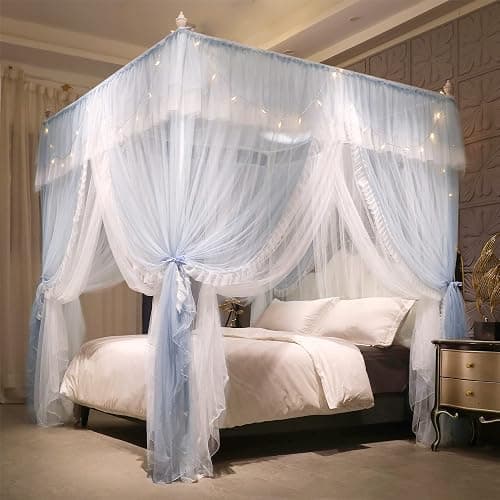 VETHIN 4 Corners Post Ruffle Princess Bed Canopy Curtain-Double Layer Cozy Drape Netting 4 Opening Mosquito Net for Girls Adults Bedroom Decoration (Gray/White,47" W*78" L*82" H/Twin) - Image 1