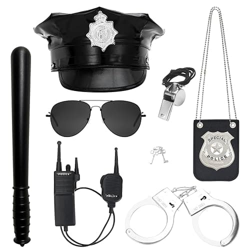 Alaiyaky Police Accessories Set,7 Pcs Police Costume Accessories Officer Hat with Sunglasses Handcuffs Badge Walkie Talkie Whistle Baton, Halloween Costumes Adults Outfits Kit for Men Women - Image 1