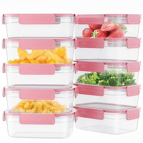 Aspinol 10-Pack Food Storage Containers with Airtight Leakproof Lids, BPA-Free Meal Prep Containers for Microwave/Dishwasher/Freezer, Pink, 47.3oz Each - Image 1
