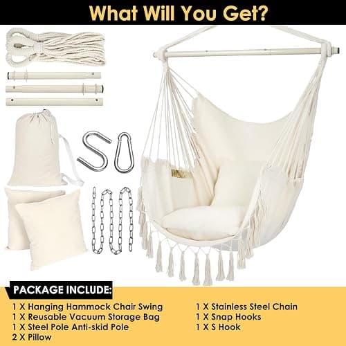 Y- STOP Hammock Chair Hanging Rope Swing, Max 500 Lbs, 2 Cushions Included, Large Macrame Hanging Chair with Pocket for Superior Comfort, with Hardware Kit (Beige) thumbnail 8